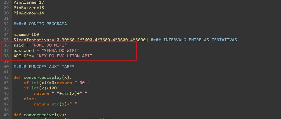 Utilizando o Thonny ou outra IDE a sua escolha, faça edição do arquivo main.py, inserindo o login e senha da sua rede wifi (obrigatório).  Caso tenha configurado a Evolution API, insira o token da sua instância também nesta parte.