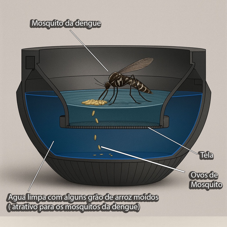 Como funciona
1.	A fêmea é atraída pelo odor leve da água com arroz.
2.	Deposita ovos na superfície.
3.	Os ovos afundam e passam pela tela para a câmara inferior.
4.	Ao eclodirem, não conseguem retornar pela tela para respirar na superfície, morrem retidos.
5.	Reduz-se, assim, a próxima geração; a fêmea completa o ciclo e também morre.
Instalação (onde colocar)
•	Sombra/penumbra, ao abrigo de chuva direta.
•	Perto de plantas, varandas e áreas com circulação de mosquitos.
•	Estável, sem tombar.
•	Sugestão: 1 armadilha a cada 5–10 m² (ajuste pela infestação).
 Manutenção
•	Semanal: complete o nível (mantenha ~2 cm acima da tela) e troque a água se houver muito resíduo; refaça a isca.
•	Quinzenal (ou quando necessário): esvazie no sanitário/ralo com tampa, lave com água e sabão neutro e reabasteça.
•	Após chuvas fortes: renove a isca.
Solução de problemas
•	Sem atividade: mude para local mais sombreado/próximo de plantas e renove a isca.
•	Evaporação alta: complete a água com maior frequência.
•	Cheiro forte: troque a água e reduza o arroz moído.
•	Insetos escapando: verifique se a tela está perfeitamente instalada.