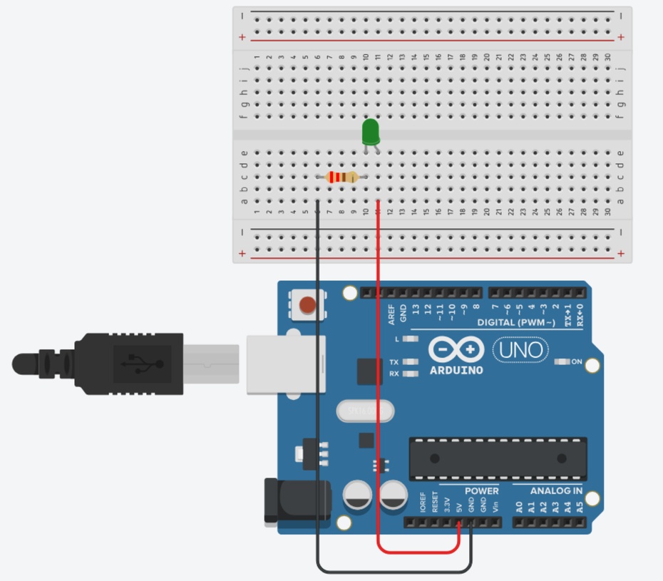 Conecte o 5v do arduino ao anodo (positivo) do led, perna maior e geralmente torta, com o outro cabo de conexão para protoboard macho/macho;