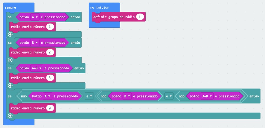 O micro:bit do controle

O segundo micro:bit funciona como controle.

No programa do controle também é usado o grupo de rádio 1 e é enviados números diferentes quando os botões são pressionados. 

Uma sugestão de comandos é:
 - Botão A: Envia	1, gira para a esquerda
 - Botão A: Envia	2, gira para a direita
 - Botão A+B: Envia	3, avança para frente
 - Nenhum Botão pressionado: Envia 0, robô parado 

Essa é uma versão inicial simples. Depois que o carrinho estiver funcionando, você pode melhorar o controle para criar uma direção mais intuitiva.