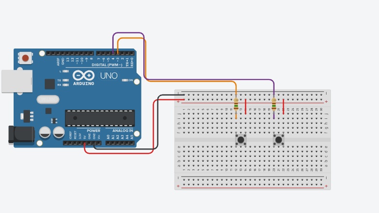 Pegue os botões e conecte-os na linha central da protoboard e em uma distância que fique confortável clicar com dois dedos. 

Em seguida, um dos resistores e conecte um de seus terminais na linha do negativo da protoboard e outro no terminal esquerdo do botão, repetindo o mesmo com o outro. 

Então, pegue um jumper e conecte no terminal direito de um botão com o positivo da protoboard, repetindo o mesmo com o o outro. 

Agora pegue um outro jumper e conecte-o na mesma linha do terminal esquerdo do botão, repetindo o mesmo com o outro. 

Conecte a outra ponta do jumper conectado ao botão esquerdo na porta digital 3 do Arduino e o outro na porta digital 4. 

Por fim, alimente as linhas positiva e negativa da protoboard nos pinos de 5V e GND.