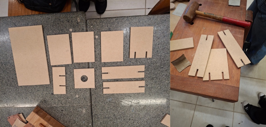 Para os cortes retos, eu usei a serra circular visando precisão absoluta no corte.
Os cortes dos encaixes eu usei a serra tico-tico.
Como tambem o encaixe circular para a lampada foi feito na serra copo.
E por fim, eu lixei as imperfeições e fiapos.

Como resultado saíram 9 peças prontas para serem coladas.