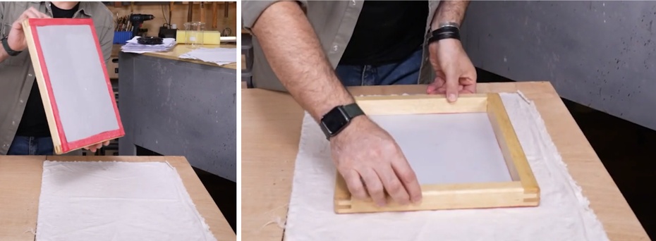 Estenda um pano liso e limpo sobre a mesa. Vire a tela com o papel ainda úmido de cabeça para baixo sobre o pano.
