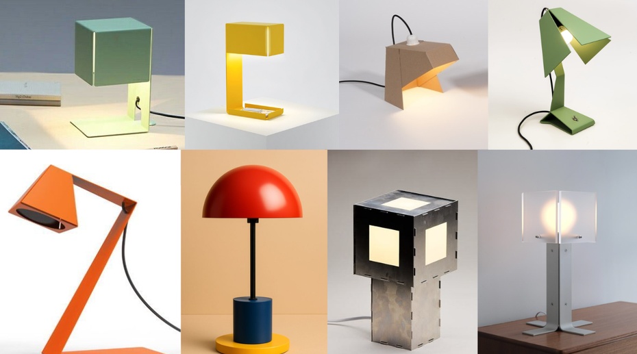 Antes de tudo, eu busquei referencias para nortear a forma da minha luminaria, nessa pesquisa eu não estava preocupado com os materiais, apenas com a forma. 

O que eu estava buscando: Linhas retas e formas simples, das quais eu encontrei varias referencias destacadas na imagem abaixo, nota-se muitas luminarias de chapa de metal, eu gostei muito da linguagem visual dessas luminarias e elas serviram como a referencia mais forte na minha idealização.