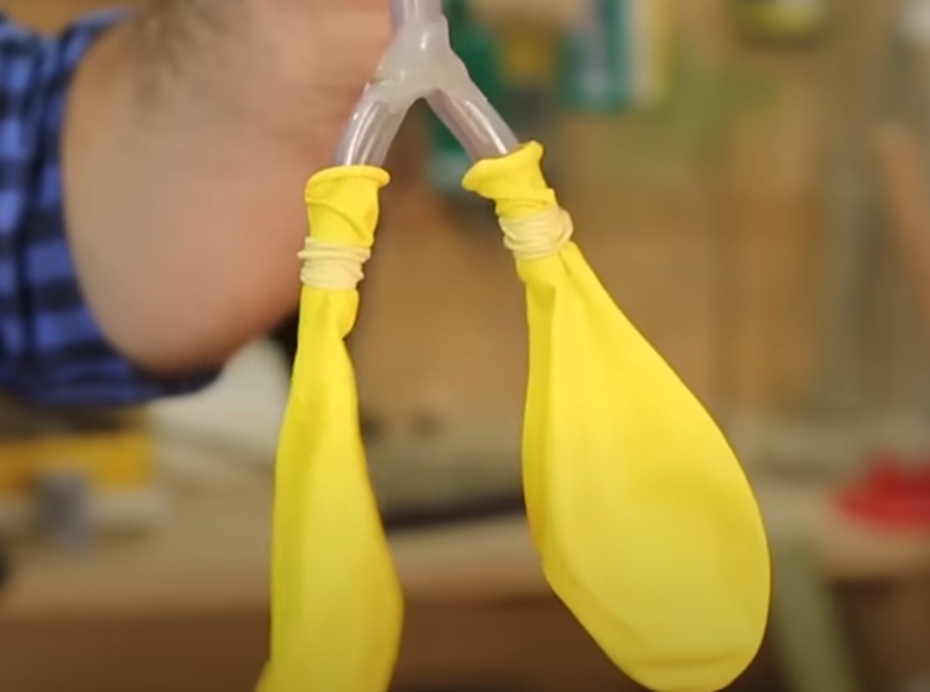 Coloque aproximadamente 2cm da ponta de uma bexiga em uma das saídas do “Y” e enrole o elástico para fixar no local. Repita o processo para a outra saída do “Y” e outra bexiga.