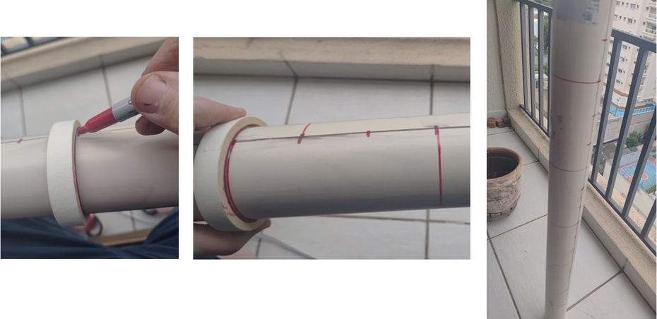 Marque os locais dos cortes: desenhe linhas juntando os pontos da mesma altura - em vermelho na foto. 
Gire o cano para marcar o terço seguinte 10 cm acima e assim sucessivamente. 
Você chegará no terço inicial tendo “pulado” 30 cm (usei o rolo de fita crepe para guiar o desenho, mas não precisa!)