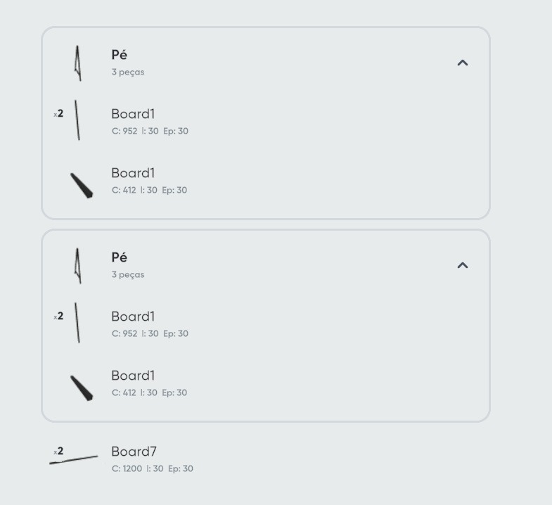 Descrição:
Corte as peças conforme as figuras pensando que o ângulo de abertura das pernas em cada "A" de sustentação do cavalete é de 15°. 
Ou seja, comprimento de cada perna do "A" é de 952mm (lembre que o corte das pontas das peças também respeitam o ângulo de 15° (ou seja, não corte em angulo reto - 90°). São necessárias 4 peças dessas (duas por "A") para cada Cavalete
Para a trava de cada cavalete corte uma peça de 412mm (tambem com cortes em suas extremidades de 15°) para que se encaixe perfeitamente como trava da abertura de cada "A". São necessárias 2 peças dessas por cavalete.