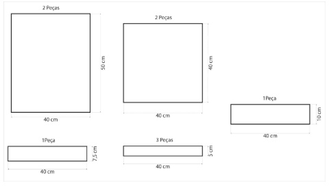Meça e risque no compensado as peças descritas na imagem abaixo:
Utilize régua e esquadro para estas marcações, evitando linhas inclinadas que podem atrapalhar a montagem.