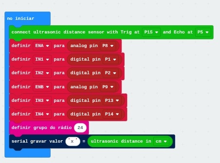Programação do método de inicio:

Nessa parte,  a programação deve:
 - Conectar o micro:bit com o sensor e estabelecer por quais pinos ele vai receber os inputs TRIG e ECHO do sensor
 - Estabelecer por quais pinos o micro:bit vai receber quais inputs da ponte H e por quais pinos vai mandar informações para a ponte H
 - Definir o grupo de radio em qual os dois micro:bit's vão se comunicar
 - Criar uma variável para a distância que o sensor vai monitorar

Um exemplo de um código que faz isso está na imagem abaixo