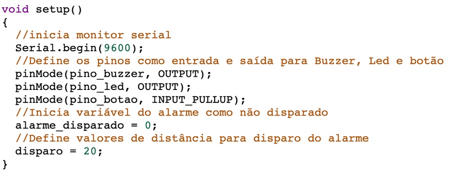 Na variável disparo você ajusta a distância necessária para que o sensor detecte um objeto e dispare o alarme. Este valor é em centímetros.
