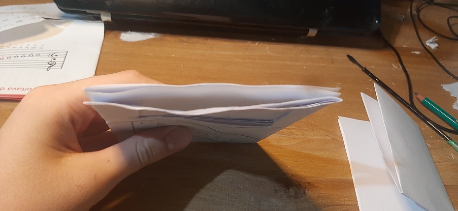 Cole as 2 folhas dobradas 2 vezes anteriormente, mas com um espaço entre as duas para encaixar o joguinho (a folha dobrada 3 vezes).
Também é necessário fazer um corte retangular na parte superior das folhas maiores, para podermos enxergar o jogo.