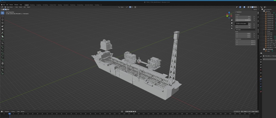Importar um modelo detalhado para usa-lo como referencia no Blender
Modelar usando formas primitivas com tamanho minimo de 1.20m nas menores dimensões
Exportar no formato STL cada parte modelada (modulos e casco)