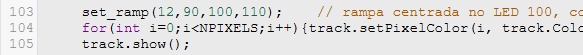 Por fim, é possível definir regiões de pico ou rampa na pista, e são estas as regiões que são afetadas pela constante de gravidade. Procure no código pelas linhas abaixo e altere os valores dentro do parênteses da seguinte forma.