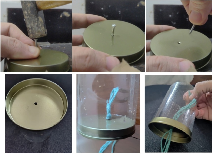 Prenda nas varetas o sistema de gotejamento da água (pode ser uma garrafa PET, um gotejador de jardinagem etc). 
Fiz o de casa com um pote transparente furado: fiz furo com prego, alarguei um pouco e passei 4 fios de lã com um nó
Ao puxar a lã (apertando o nó no furo) a água goteja mais devagar - ajuste para 1 a 3 gotas por segundo