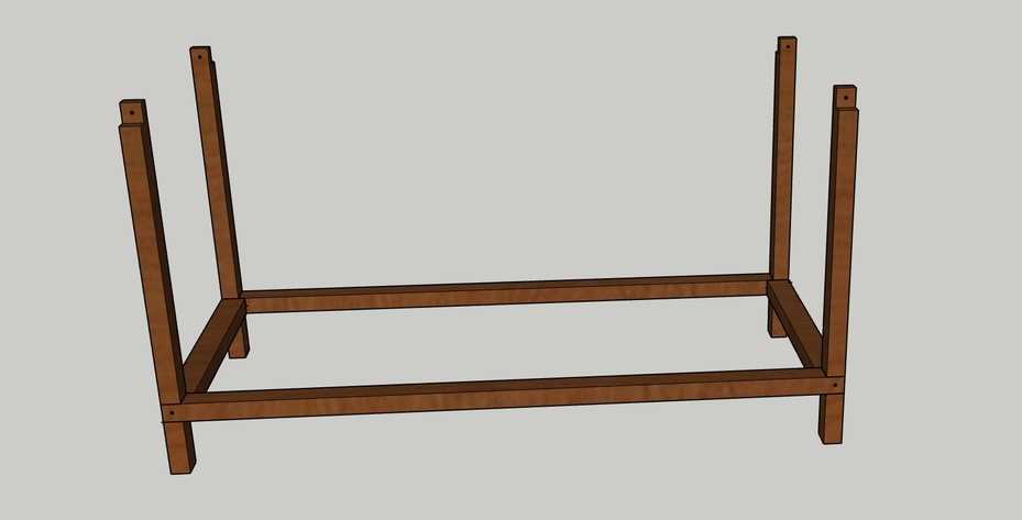 Encaixar e prender as peças dos pés da bancada utilizando cola para madeira e apertando os parafusos que servirão como os fixadores no lugar dos grampos.