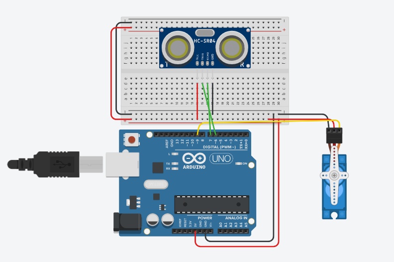 na eletrônica não vou ficar te enrolando com cada fio,mas deixei uma foto do Tnkercad ali para você fazer(use o codigo no Arduíno IDE). pegue um alicate e corte os palitos,depois cole os palitos no servo motor de jeito que fique co a marca para cima (tome cuidado na hora de colar a base no cervo motor para que ele faça o movimento de cancela de estacionamento).Pegue um palito e não corte,bote esse palito na ponta do cervo motor. Bote o sensor ultrassônico um pouco antes do servo motor,eu recomendo uns 20 furos da protoboard antes,mas você pode fazer do seu jeito.