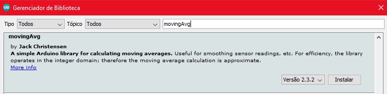 Caso o upload do programa na placa falhe devido a algum erro relacionado às bibliotecas “keyboard.h” ou “movingAvg.h”, é por que a biblioteca ainda não foi instalada, para resolver esse problema siga o caminho a seguir.
Na barra superior do arduino IDE acesse “ferramentas” e em seguida “gerenciar bibliotecas”. Na janela que abrir, escreva o nome da biblioteca faltante na barra de pesquisa e ao encontrá-la clique em instalar. Assim que instalado você já pode fazer o upload do programa para o arduino.