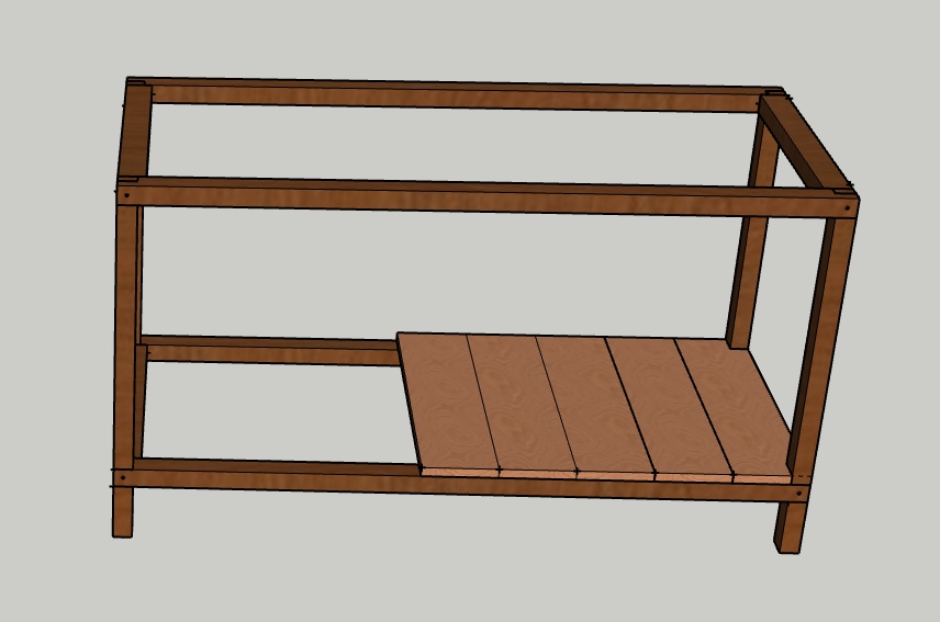 Prenda as tábuas da prateleira inferior com pregos.