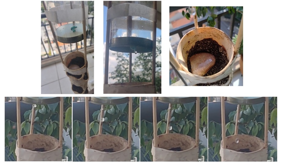 O sistema deve gotejar sem transbordar: a pedra evita erosão da camada superior e a  terra arenosa conduz a água para todos os níveis do vaso. 
Pode precisar fazer algum ajuste na velocidade de gotejamento, alargando o furo ou ajustando o aperto e posição do nó. 
Na terceira tentativa cheguei em 120 gotas/minuto, bem adequado!