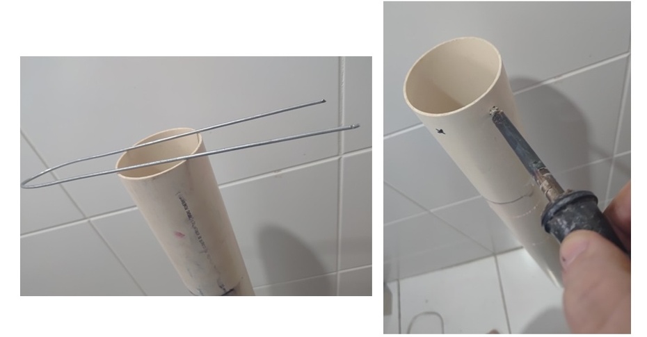 Faça com o ferro de solda dois pequenos furos no cano de PVC em lados opostos para passar a primeira haste metálica / arame de cabide dobrado (ver na foto), abaixo da marca do nível da terra.
