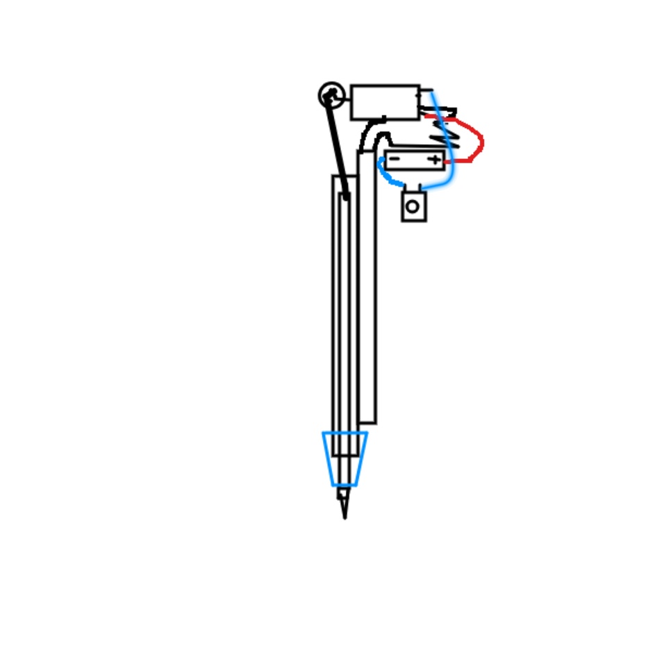 agora quando ligar vai começar a funcionar ja so que vai tar sem controle de um lado pro outro, então iremos usar a tampa da caneta pra regular, iremos cortar a ponta de pouco em pouco pra ir abrindo o furo e dando rumo na ponta, tem que ficar um pouquinho mais largo pra não prender ou evitar que o tubinho não passe tranquilo por la