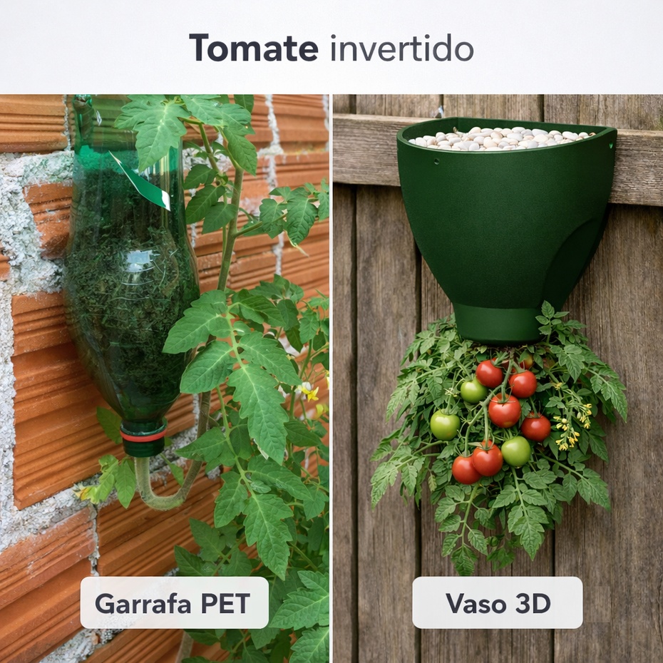 Comparação entre vasos : 
A garrafa PET é uma opção econômica e funcional para quem quer testar a técnica do tomate invertido de forma simples e artesanal. Já o vaso 3D oferece um resultado muito mais bonito, moderno e sofisticado, com melhor acabamento visual e aparência decorativa. Enquanto a garrafa PET atende bem ao cultivo básico, o vaso 3D une utilidade e design, tornando o plantio suspenso também um elemento de destaque para jardins, muros e ambientes de alto padrão.
