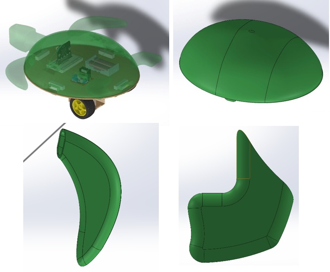 A cabeça, as patas e o casco da tartaruga foram modelados no programa SolidWorks. Esse software permite criar modelos em 3D de acordo com a necessidade do projeto, possibilitando desenvolver peças com diferentes formatos e tamanhos. Nele, é possível fazer a modelagem que quiser, ajustando o desenho até chegar ao formato desejado para depois realizar a impressão 3D das peças.