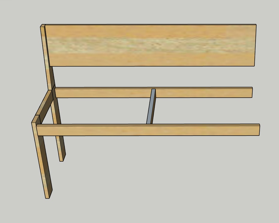 Junte uma das laterais com a estrutura montada no ultimo passo e também adicione o encosto, usando cola para madeira e pregos ou parafusos ou cavilhas.