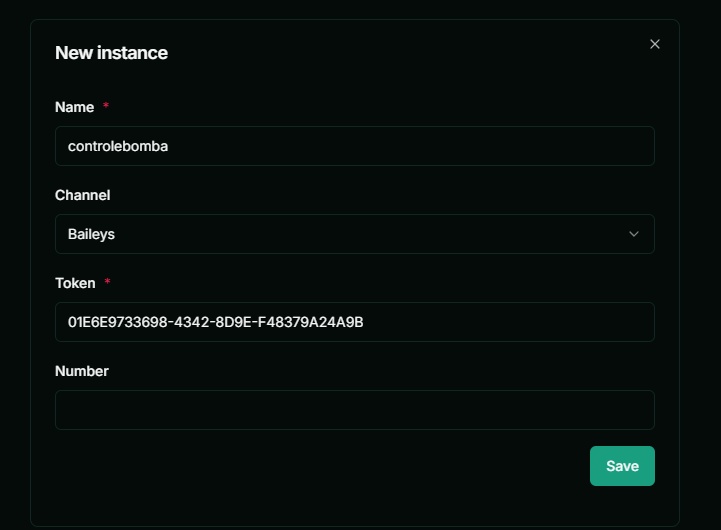 (Opcional) Crie uma nova instância utilizando a opção Baileys e anote o token e nome da instância.