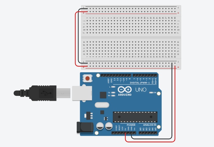 Conecte o positivo e o negativo da parte inferior na placa de ensaio nos pinos da parte inferior do arduino uno.