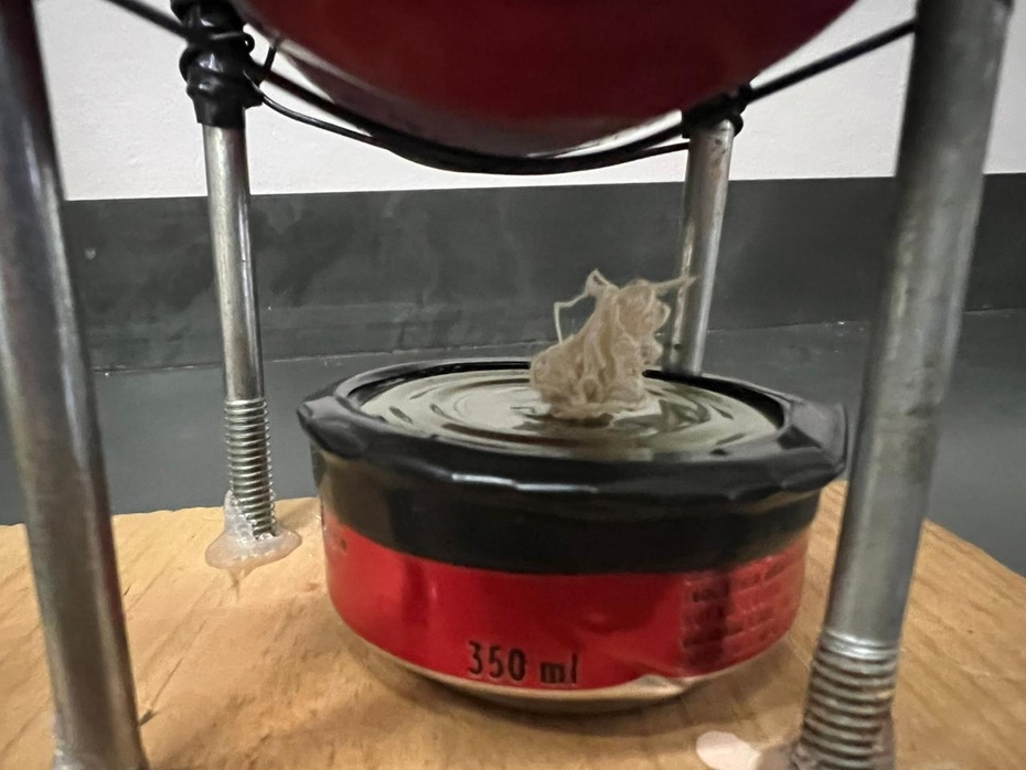 Com a parte de baixo da outra lata faça uma espécie de fogãozinho com um único buraco. Coloque querosene dentro do fogãozinho e um pouco de estopa imitando o pavio de uma vela